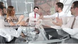  Presentation with business partner - Slide set featuring business team applauds business partners background and a  colored foreground