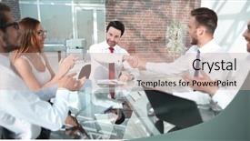  Presentation with team meeting - Amazing PPT theme having business team applauds business partners backdrop and a soft green colored foreground