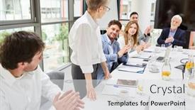  Presentation with speaker - Slides having business-team-applauds-speaker background and a light gray colored foreground