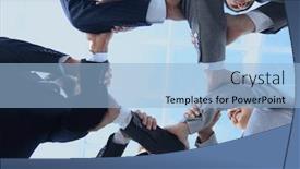  Presentation with team hands - Cool new slide deck with business team are taking each other's hands backdrop and a light blue colored foreground