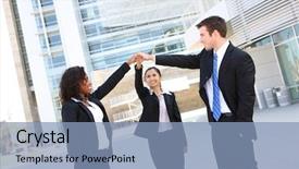  Presentation with team building - Presentation theme having business team at office building background and a light blue colored foreground