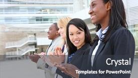  Presentation with building team - Audience pleasing slides consisting of business team at office building backdrop and a dark gray colored foreground