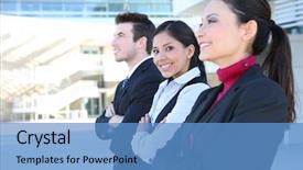  Presentation with team building - Colorful slides enhanced with business team at office building backdrop and a  colored foreground