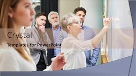  Presentation with team training - Presentation theme featuring business-team-brainstorming background and a coral colored foreground