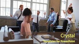  Presentation with team meeting - PPT theme having business team celebrate hitting target background and a tawny brown colored foreground