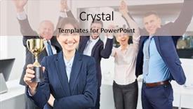  Presentation with award winner champion golden trophy - Beautiful slide deck featuring business team celebrate its succes backdrop and a soft green colored foreground