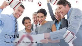  Presentation with contract - Slide set consisting of business team celebrating a new contract against white and red gift box background and a light blue colored foreground