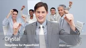  Presentation with team hands - Presentation theme with business team celebrating a sucess background and a gray colored foreground