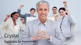  Presentation with team - Audience pleasing presentation theme consisting of business team celebrating a sucess backdrop and a light gray colored foreground