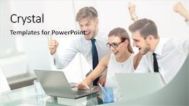  Presentation with team - Colorful PPT theme enhanced with business team celebrating a triumph backdrop and a light gray colored foreground