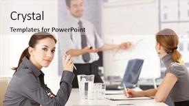  Presentation with meeting - Beautiful theme featuring business team conference table - attractive female sitting at meeting backdrop and a lemonade colored foreground