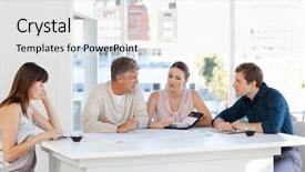  Presentation with coworkers - Theme consisting of business team conference table - coworkers working in their office background and a white colored foreground