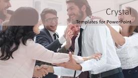  Presentation with victory team - Presentation theme enhanced with business-team-congratulating-each background and a mint green colored foreground