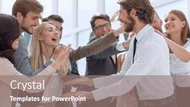  Presentation with victory team - Colorful presentation theme enhanced with business-team-congratulating-each backdrop and a gray colored foreground