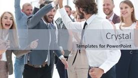  Presentation with victory team - Audience pleasing presentation theme consisting of business-team-congratulating-each backdrop and a light blue colored foreground