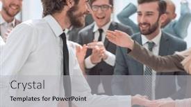  Presentation with victory team - Slide deck featuring business-team-congratulating-each background and a light gray colored foreground