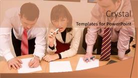  Presentation with team work - Amazing PPT theme having business team consistent of caucasian men and women at work place backdrop and a coral colored foreground