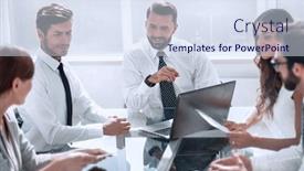  Presentation with new business ideas - Presentation design with business-team-discusses-new-ideas background and a sky blue colored foreground