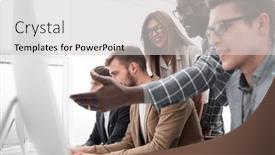  Presentation with news - Beautiful slide deck featuring business-team-discusses-online-news backdrop and a light gray colored foreground