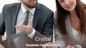  Presentation with financial report - PPT theme having business team discussing a financial report background and a violet colored foreground