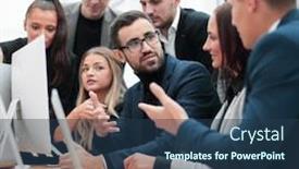  Presentation with project - Colorful PPT theme enhanced with business-team-discussing-a-new backdrop and a ocean colored foreground