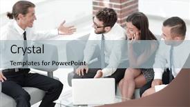  Presentation with team - Audience pleasing presentation design consisting of business team discussing business issues backdrop and a light blue colored foreground