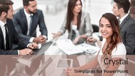  Presentation with data - PPT theme with business team discussing financial data background and a coral colored foreground