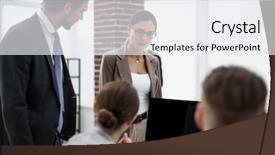  Presentation with new business ideas - PPT theme with business team discussing new ideas background and a sky blue colored foreground