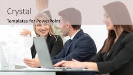  Presentation with information - Beautiful theme featuring business team discussing new information standing in front of the open laptop backdrop and a soft green colored foreground