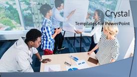  Presentation with business roadmap - Cool new presentation theme with business team discussing product roadmap backdrop and a light blue colored foreground