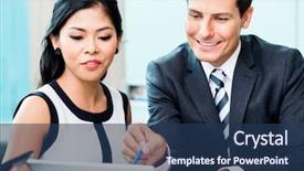  Presentation with project management - PPT layouts featuring business team discussing project looking background and a ocean colored foreground