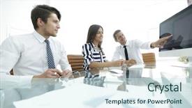  Presentation with sales - Slides enhanced with business team discussing sales statistics background and a cool aqua colored foreground