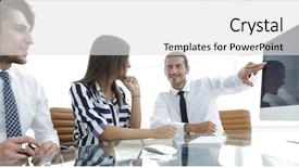  Presentation with monthly report sales in statistics - PPT theme consisting of business team discussing sales statistics background and a light gray colored foreground