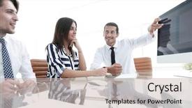  Presentation with monthly report sales in statistics - Colorful PPT layouts enhanced with business team discussing sales statistics backdrop and a soft green colored foreground