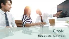  Presentation with monthly report sales in statistics - Amazing theme having business team discussing sales statistics backdrop and a sky blue colored foreground