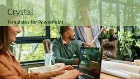  Presentation with team meeting - PPT theme consisting of business-team-discussing-startup-project background and a mint green colored foreground