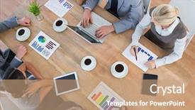  Presentation with team - Cool new PPT theme with business team discussing the graphs backdrop and a coral colored foreground