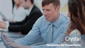  Presentation with team together everyone achieves more - PPT layouts enhanced with business team discussing together business background and a teal colored foreground