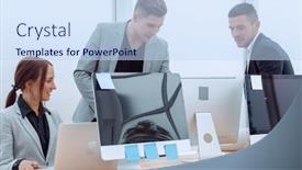  Presentation with team work - Beautiful presentation design featuring business-team-discussing-work-issues backdrop and a sky blue colored foreground