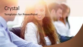  Presentation with team - Beautiful presentation theme featuring business team discussing working papers backdrop and a coral colored foreground