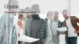  Presentation with team - Theme featuring business team discussing working papers background and a light gray colored foreground