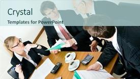  Presentation with team discussion - PPT theme featuring business team discussion various proposals background and a sky blue colored foreground