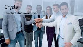  Presentation with business team join hands white - Presentation design featuring business team doing a bunch background and a light blue colored foreground