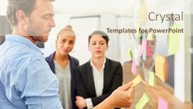  Presentation with team meeting - Colorful presentation enhanced with business-team-evaluating-project-ideas backdrop and a cream colored foreground