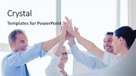  Presentation with success business - PPT theme having business team giving high five background and a sky blue colored foreground