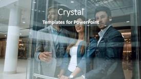  Presentation with elevator - Colorful presentation design enhanced with business team group going on elevator backdrop and a gray colored foreground