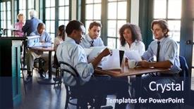  Presentation with virtual team meeting - Theme with business team having informal meeting background and a navy blue colored foreground