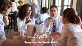  Presentation with virtual team meeting - Cool new presentation theme with business team having informal meeting backdrop and a tawny brown colored foreground