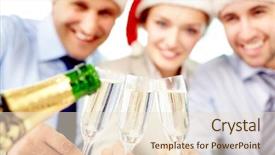  Presentation with flutes - Audience pleasing presentation theme consisting of business team holding glasses of champagne the focus is on flutes backdrop and a lemonade colored foreground