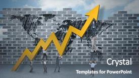  Presentation with world map - PPT theme enhanced with business team holding up arrow background and a gray colored foreground